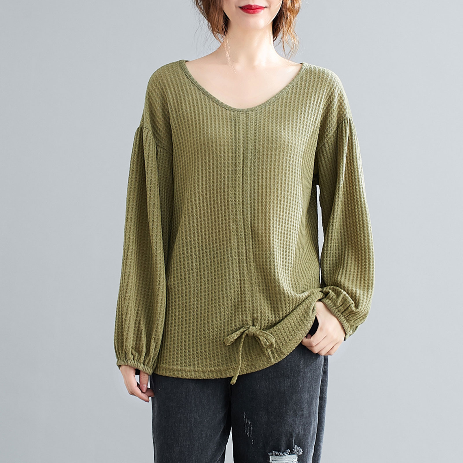 Women Knitted Shirt Drawstring Front V-Neck Lantern Sleeve Pullover Loose Fit Casual Solid Spring Autumn Tops
