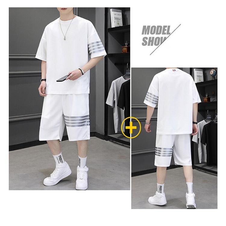 Bộ Đồ Nam Mùa Hè Áo Thun Tay Lỡ Unisex Quần Short Kẻ 3 Sọc Ngang Thời Trang Zenkonu QA NAM 133V3