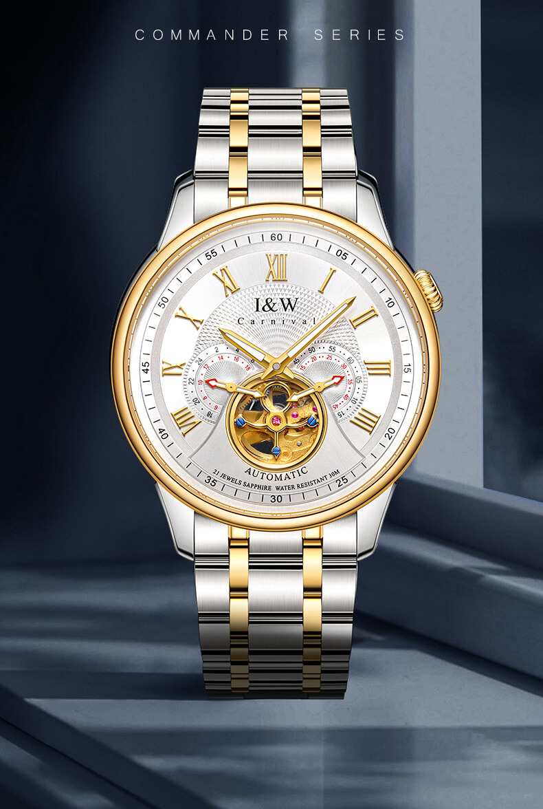 Đồng hồ nam chính hãng IW Carnival IW613G-1,Kính sapphire chống xước,Chống nước 50m,BH 24 tháng,Máy Cơ Automatic nhật bản,dây thép không gỉ 316L,mặt trắng dây trắng vàng lộ cơ