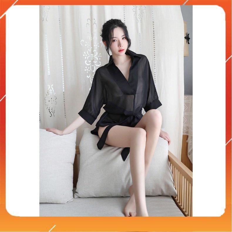 Váy Ngủ Sexy Dáng Sơ Mi Gợi Cảm, Hồng - Đen