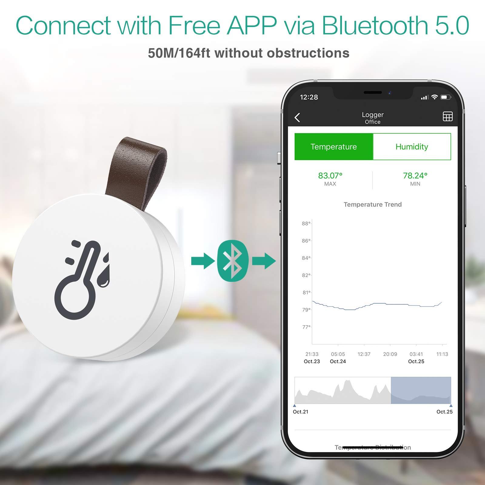 Máy đo nhiệt kế Bluetooth, bên trong Mini không dây-Hygrometer không dây với chức năng xuất dữ liệu, tương thích với iOS và Android cho rượu vang, phòng khách, phòng trẻ em, nhà, v.v.