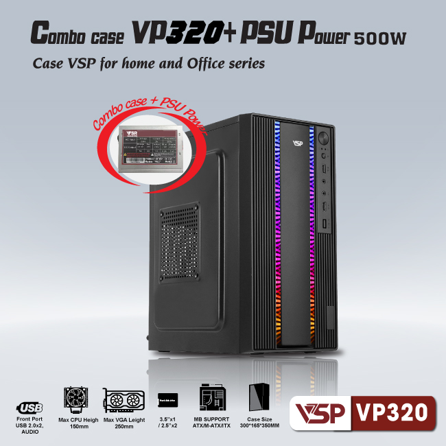 Combo Vỏ Case Máy Tính VSP + Nguồn 200W - VP320 - Hàng Chính Hãng