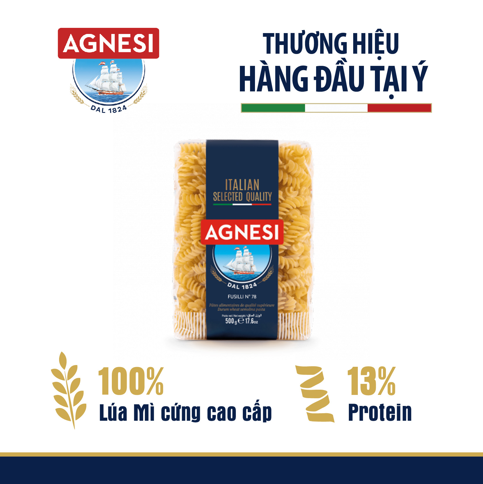 Nui xoắn nhập khẩu Ý cao cấp Fusilli Agnesi 500g không gãy không dính