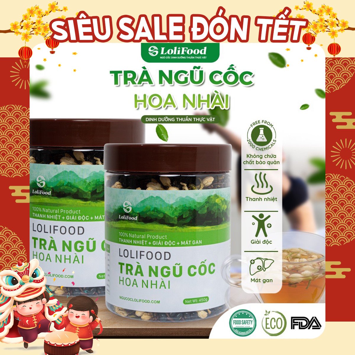 Trà Hoa Ngũ Cốc LoliFood, Trà Gạo Lứt Hoa Nhài, Trà Ngủ Ngon, Thanh Nhiệt, Trà Mát Gan, 100% Hữu Cơ, Hộp 450gr