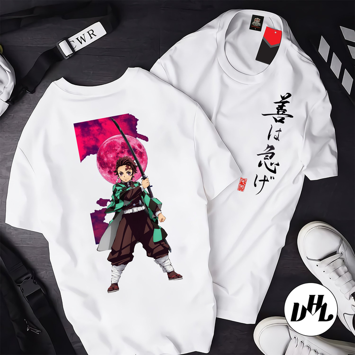 Áo thun trắng Anime, Manga Thanh g diệt quỷ Tanjiro cầm kiếm 02, Unisex Nam Nữ có Size áo từ 25-95kg