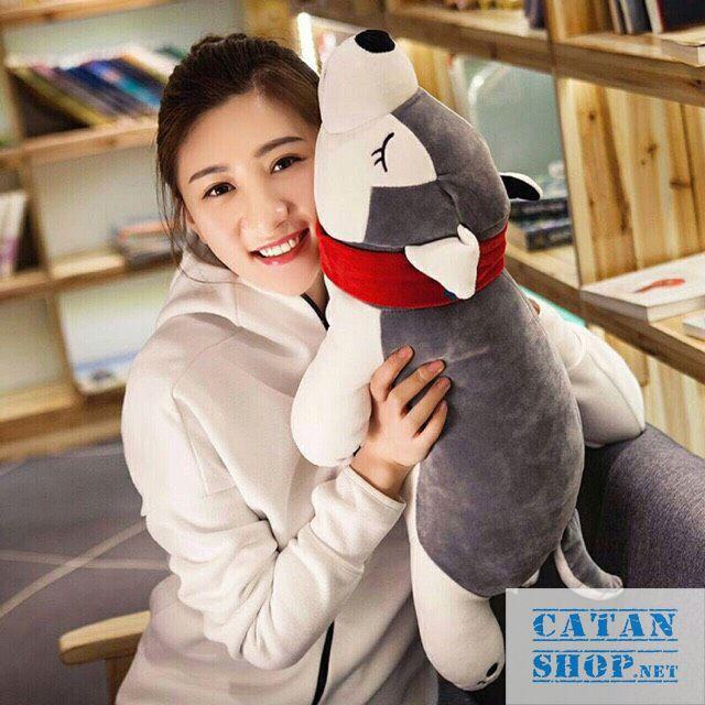 Gấu bông kèm mền, Gối mền chó Husky khăn quàng đỏ dai 60cm , nỉ nhung cực mịn
