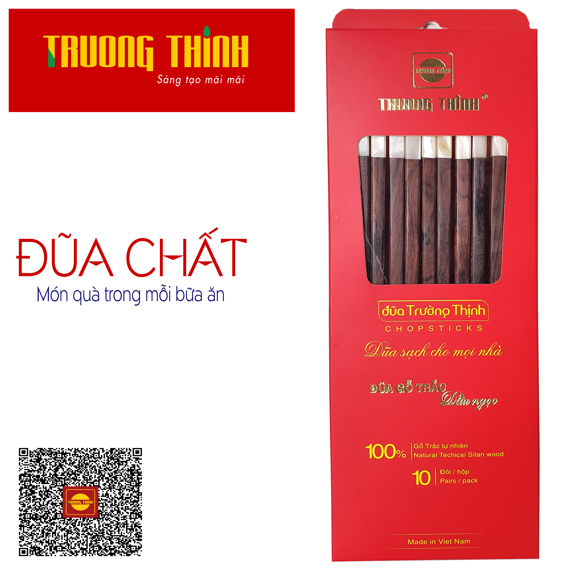 Đũa Gỗ Trắc Vân Đầu Gắn Ngọc Trắng Trường Thịnh Chính Hãng/ Hộp Màu Đỏ/ 10 Đôi Vuông