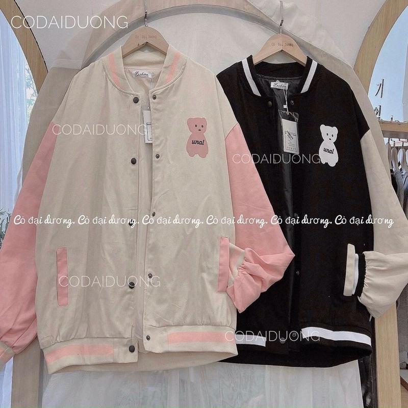 Áo khoác bomber bóng chày dù mero 2 lớp in gấu phối tay unisex ulzzang nam nữ