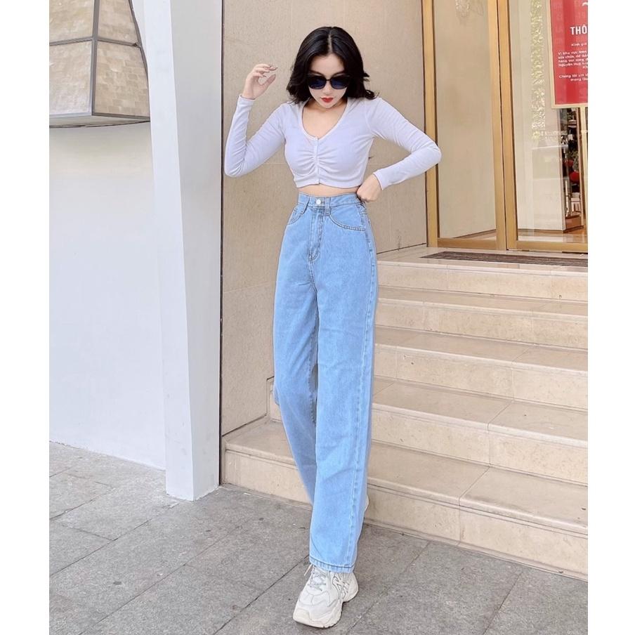 Quần jean lưng cao ống đứng lên dáng chuẩn màu xanh nhạt xanh quần lưng cao hắck dáng