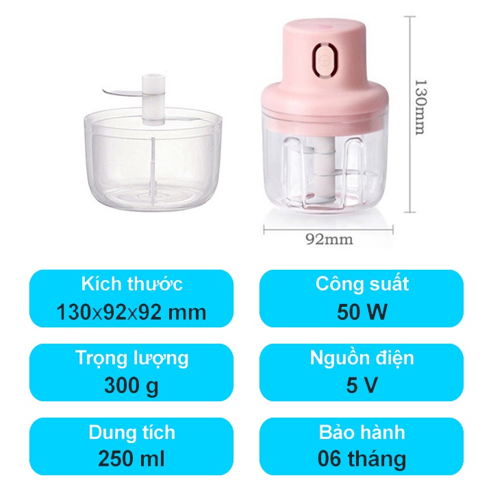 Máy Xay Tỏi Ớt, Rau Củ Cầm Tay Mini Dung Tích 250ml, Công Suất 50W - Máy Xay Đa Năng Sạc Pin Mini