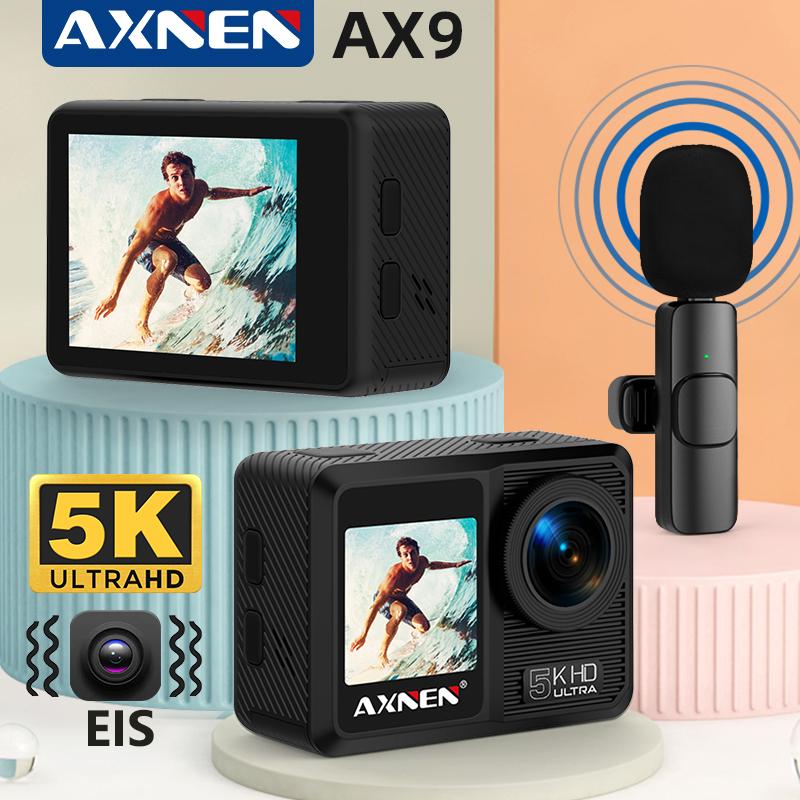 AXNEN AX9 5K Action Camera with Wireless Microphone, 4K 60fps EIS Video Sports Cameras, Touch Screen, 24MP WiFi Cam with Remote