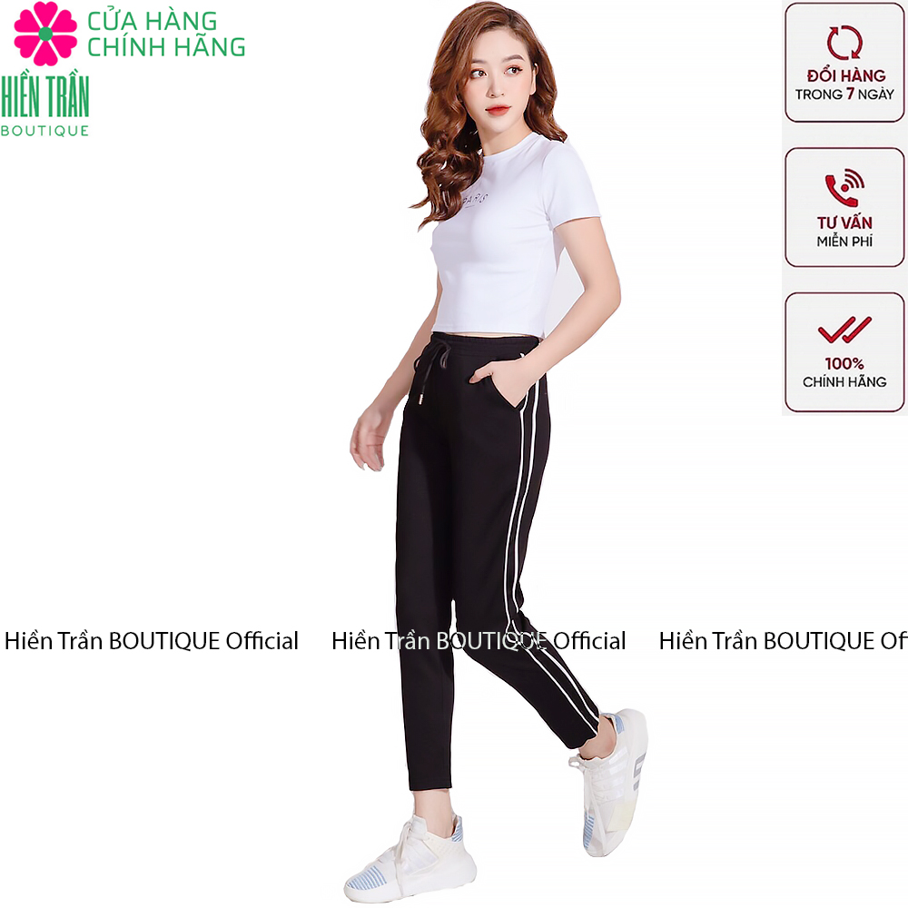 Quần jogger nữ Hiền Trần BOUTIQUE dáng dài cạp chun dây buộc, kiểu sọc nhí 2 bên