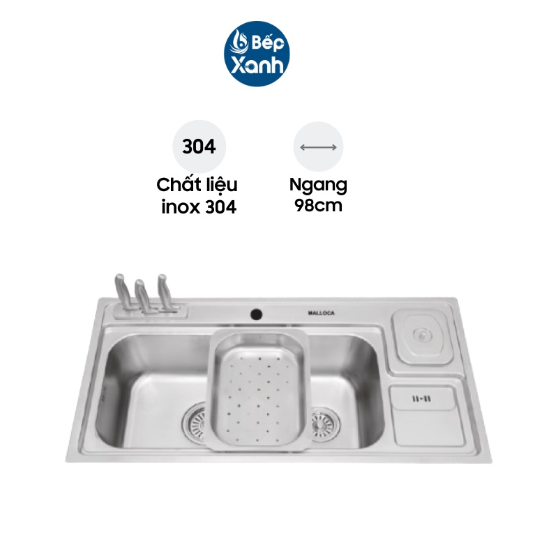 Chậu Rửa Chén Malloca MS 8809 - Inox 304 - Ngang 98cm - Hàng Chính Hãng