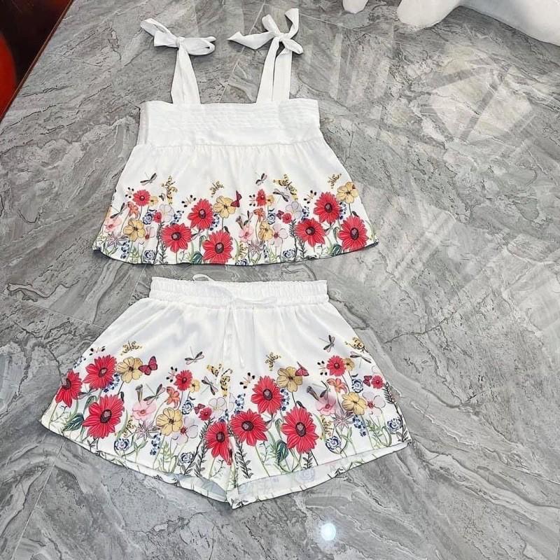 Đồ Ngủ Dây Cột Nơ Sexy Hoạ Tiết Hoa Nhúng Bèo Ngực