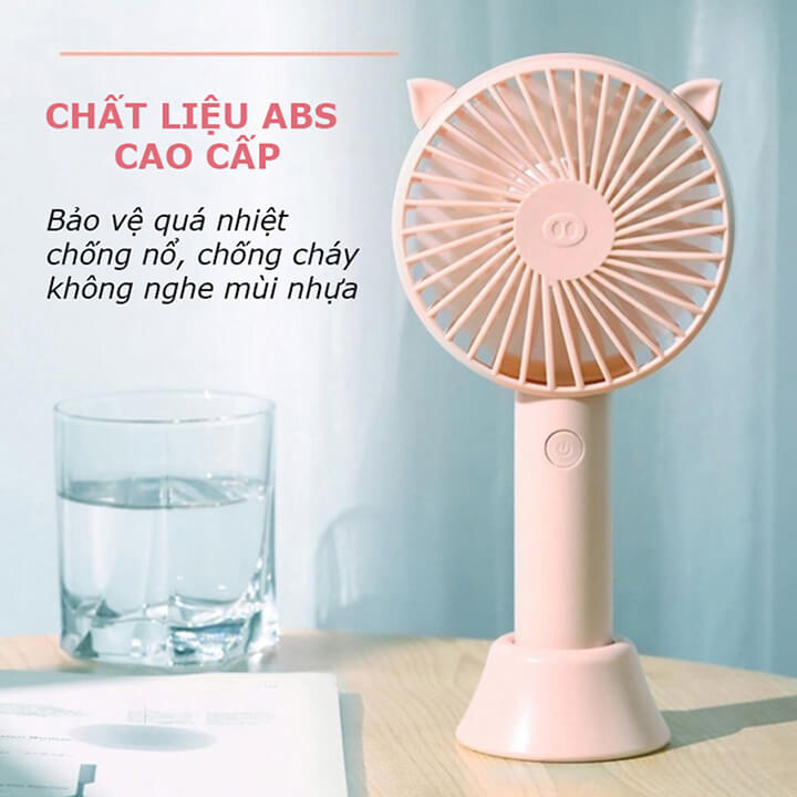 Quạt tích điện mini cầm tay để bàn 3 chế độ gió, quạt mini cầm tay 4 cánh sạc tích điện tai thú có chân đế để bàn - QUẠT SS2