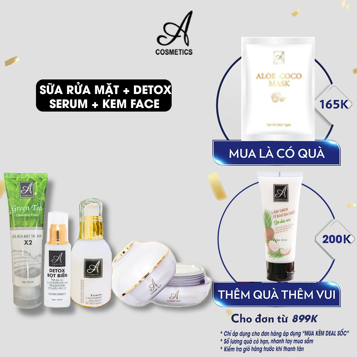 Bộ Acosmetics VIP02 gồm 1 Sữa rửa mặt 120ml + 1 Nạ Detox 80ml + 1 Serum 50ml + 1 Kem Face 50g