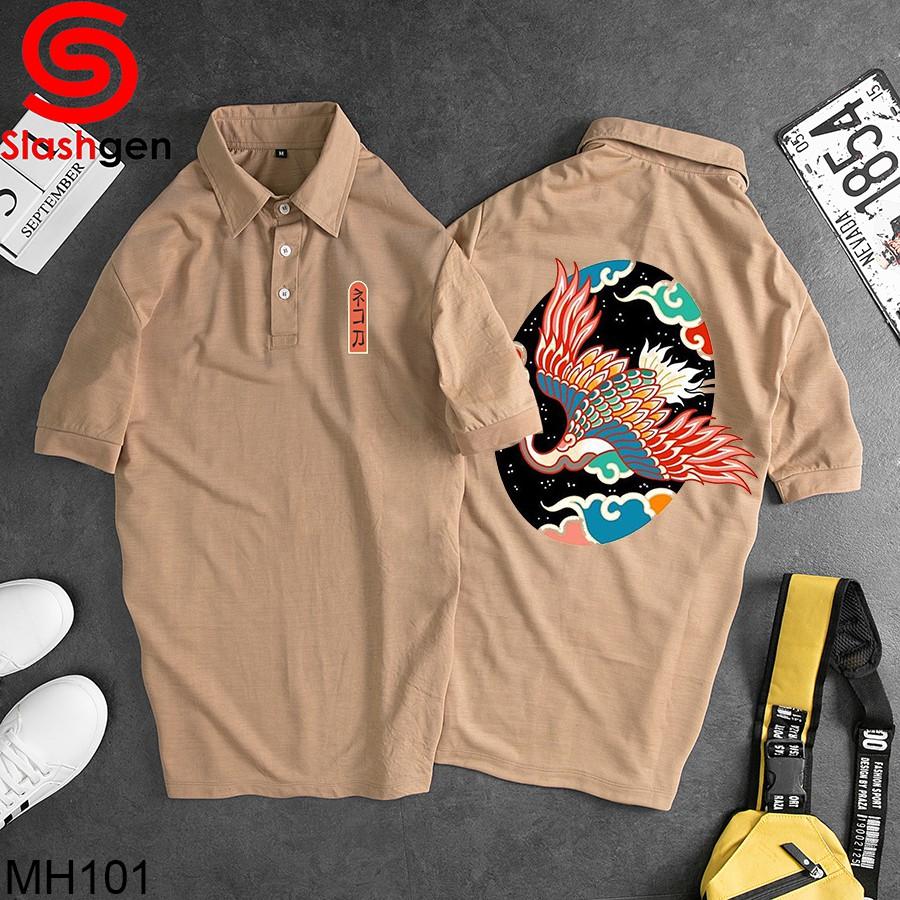 Áo Thun Nam Có Cổ MH101 Polo Be Hạc Đỏ Vòng Tròn Đen Sau Lưng Chữ Tàu Cam Ngực Trái