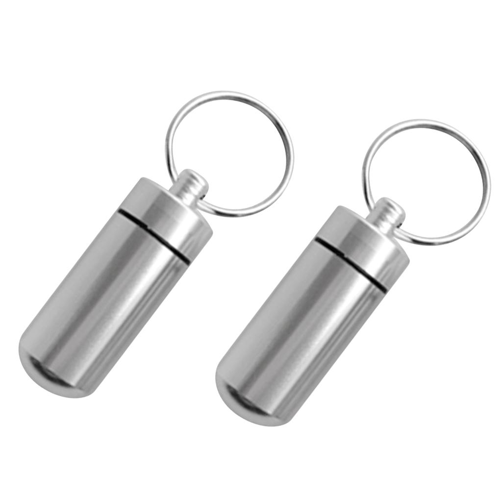 2pcs Aluminum Alloy Waterproof Key Ring Container Pill Storage Box Case Silver