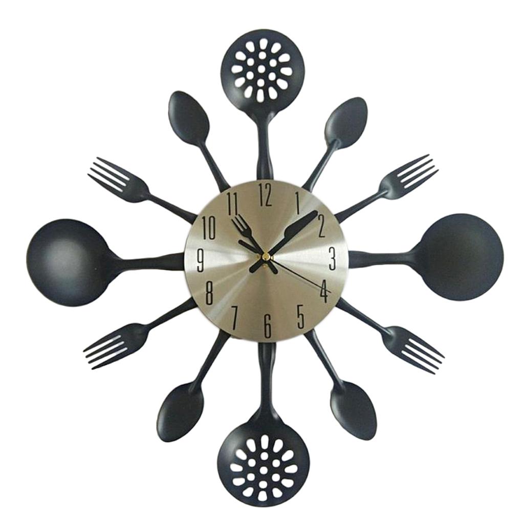 Kitchen Wall Clock 3D Kitchen Spoon Fork Wall Clock Wall Wall Room Black