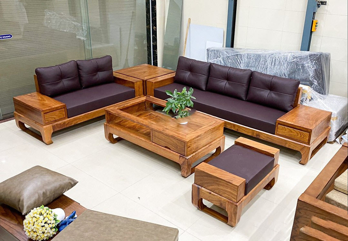 Bộ sofa gỗ hương có nệm sai lớn mẫu 2 văng