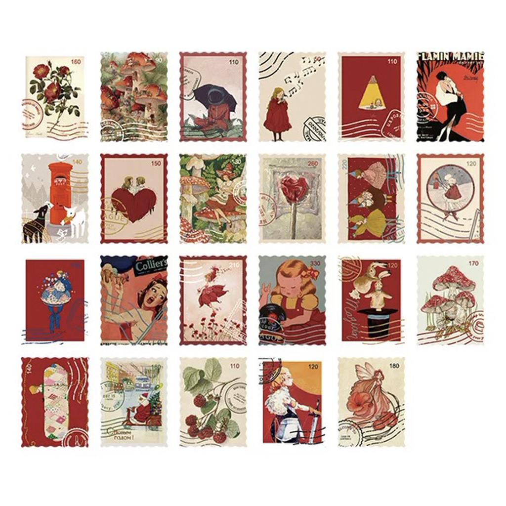 Hộp 46 pcs stickers dạng tem thư kiểu cổ điển vintage dùng để trang trí sổ tay nhật kí