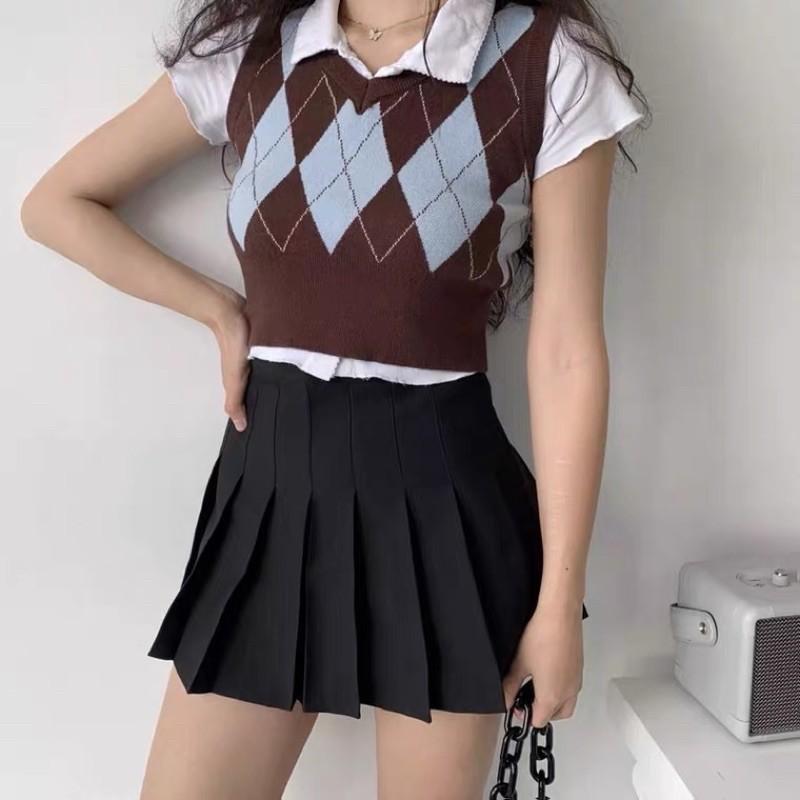 Set áo polo mix gile croptop kẻ caro phong cách highteen