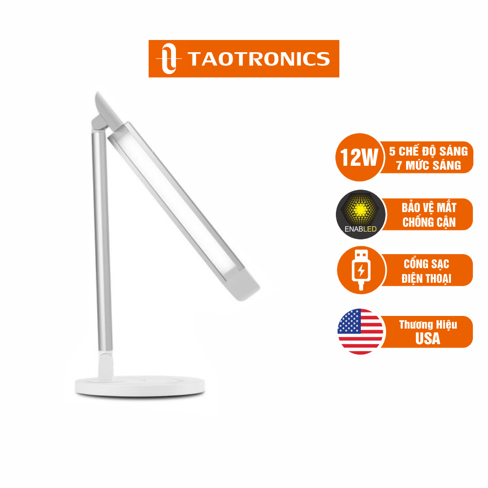 Đèn Bàn Học Và Đọc Sách LED TaoTronics Chống Cận Và Bảo Vệ Mắt TT-DL13 12W, 5 Chế Độ Sáng, 7 Mức Sáng, Tiết Kiệm Điện - Trắng - Hàng Chính Hãng