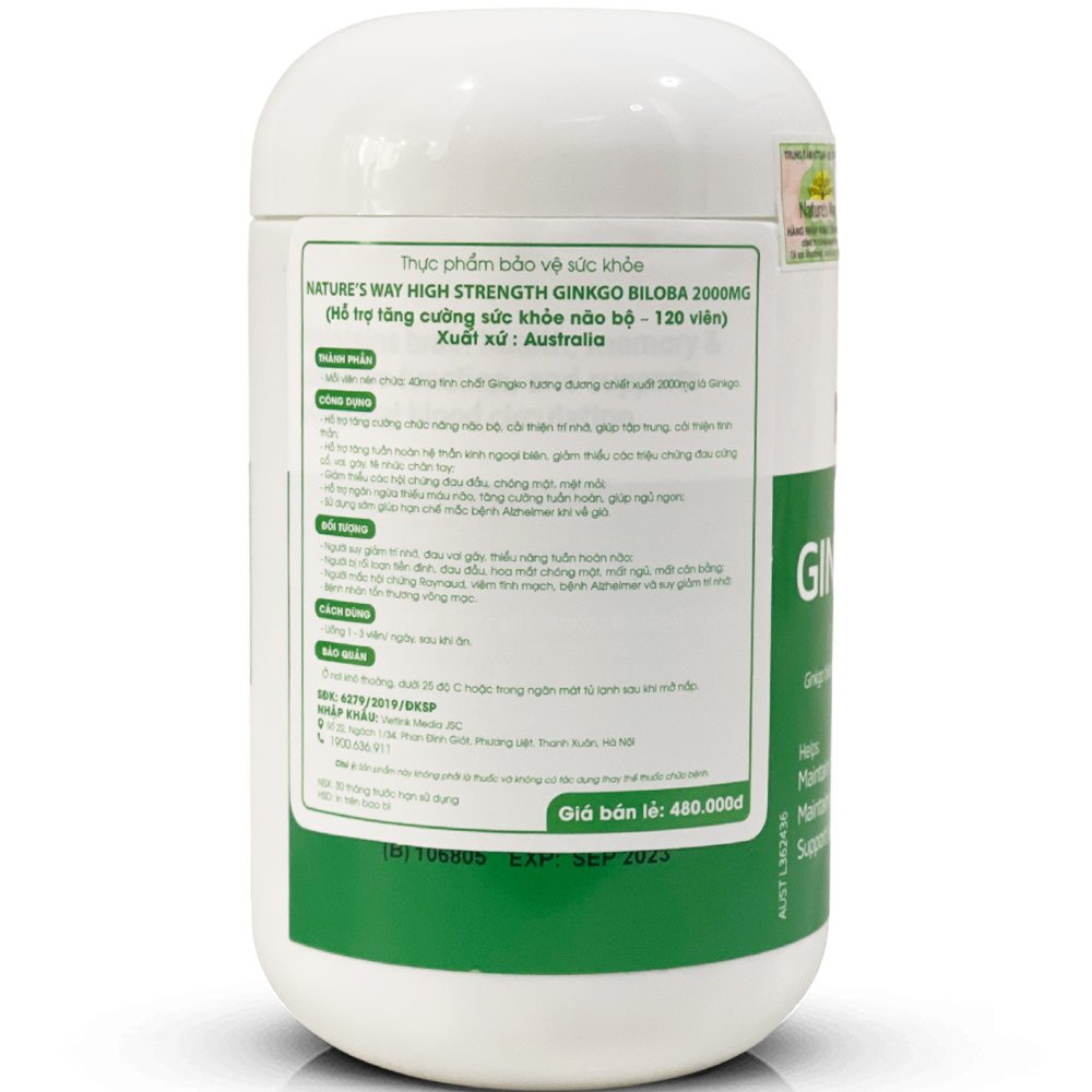 Viên Uống Tuần Hoàn Não NATURE'S WAY High Strength Ginkgo Biloba Tăng Cường Trí Nhớ 2000mg 120V