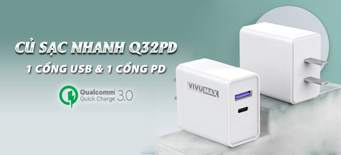 Adapter Sạc nhanh cao cấp VivuMax Q32PD - Sạc nhanh QC 3.0 tiêu chuẩn Châu Âu, 01 cổng sạc USB và 01 cổng sạc Power Delivery hay còn gọi là Type C. Chuẩn sạc nhanh 5V-3A, 18W – Hàng Chính Hãng