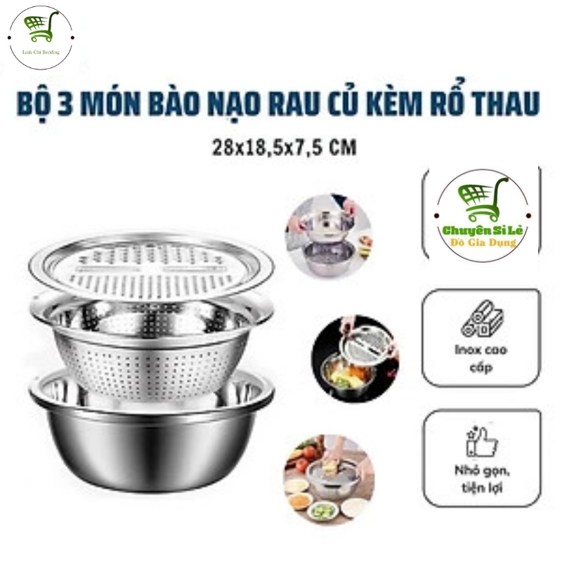 Bộ bào nạo rau củ kiêm rổ và chậu Inox đa năng, Bộ nạo đa năng thép chống rỉ kiêm rổ và chậu