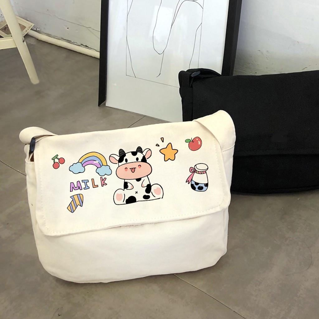 Túi Tote Đeo Chéo Vải Canvas Bò Sữa Phong Cách Ulzzang