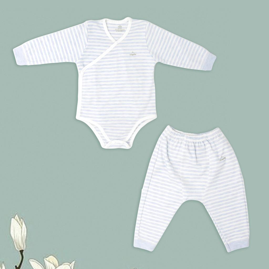 Set áo bodysuit cài chéo giữ ấm ngực dài tay kèm quần rời 100% Cotton cho bé Comfybaby