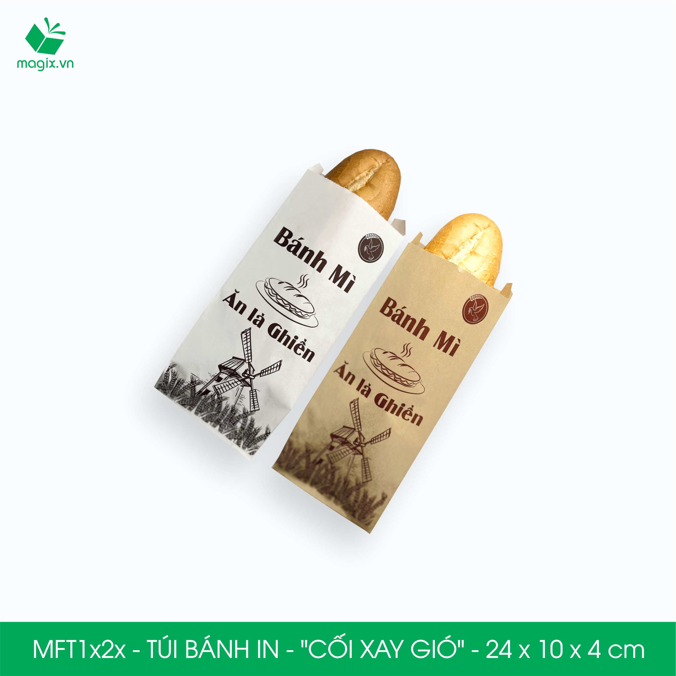 Combo 100 Túi bánh mì 24x10x4 cm - In sẵn họa tiết CỐI XAY GIÓ - Bao bánh mì Túi giấy thực phẩm an toàn - NÂU