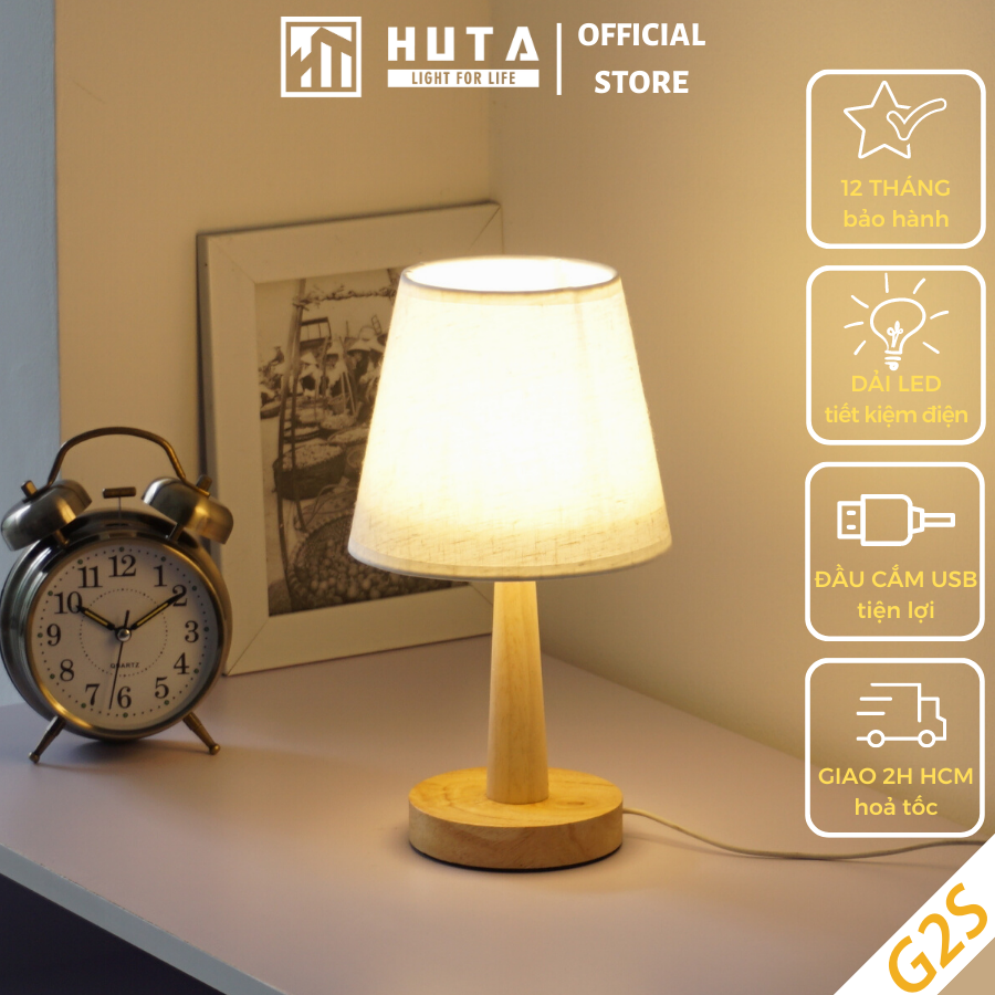 Đèn ngủ để bàn HUTA G2S Gỗ Chao Nón Vintage Dễ thương Decor Trang trí phòng ngủ, Đọc Sách Đầu Giường, Đầu Cắm USB, Đèn Vàng Bóng LED Tiết Kiệm Điện