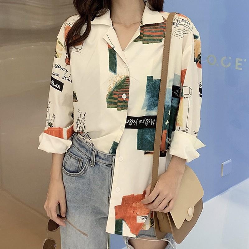 Áo sơ mi dài tay form rộng in họa tiết hoạt hình phong cách vintage thời trang
