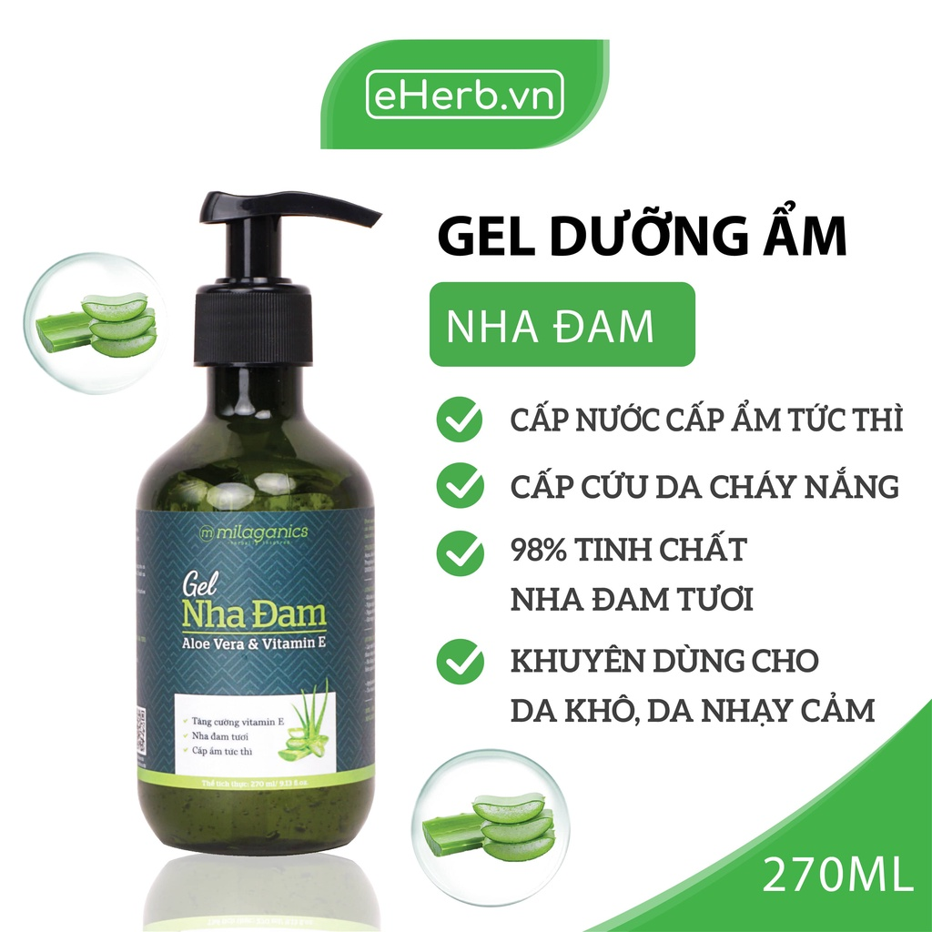 Gel Nha Đam Milaganics, Dưỡng Ẩm Đa Năng, Làm Mềm, Mát Da, Thẩm Thấu Nhanh & Chiết Xuất Từ Nha Đam Tươi 270ml/Chai