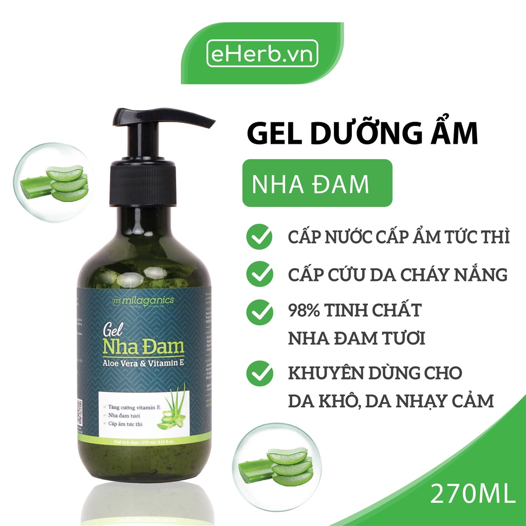 Gel Nha Đam Milaganics, Dưỡng Ẩm Đa Năng, Làm Mềm, Mát Da, Thẩm Thấu Nhanh &amp; Chiết Xuất Từ Nha Đam Tươi 270ml/Chai (Mẫu Mới)