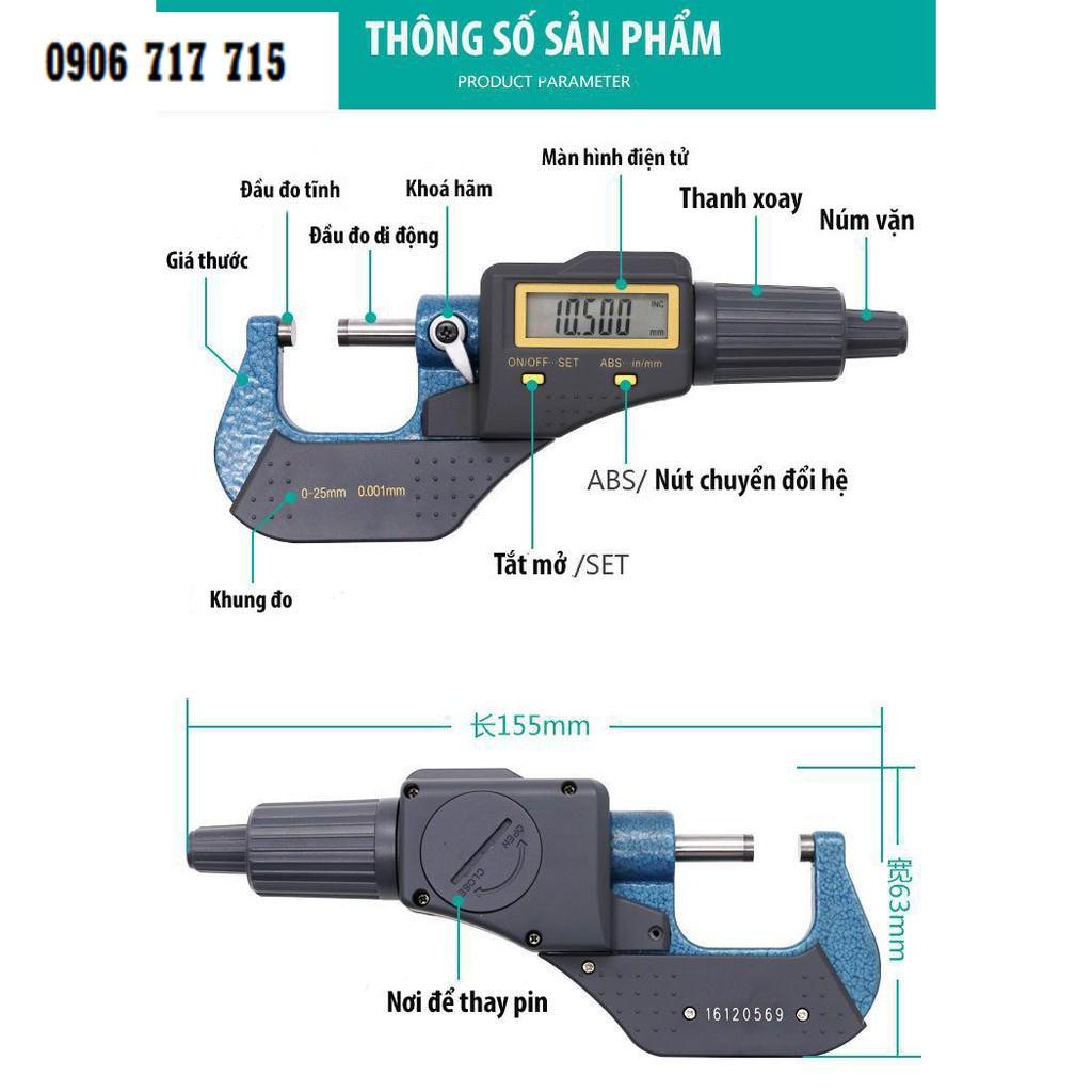 Thước Panme Điện tử 0-25mm/ 0.001mm, Thước kẹp panme điện tử - Màn hình hiển thị LCD