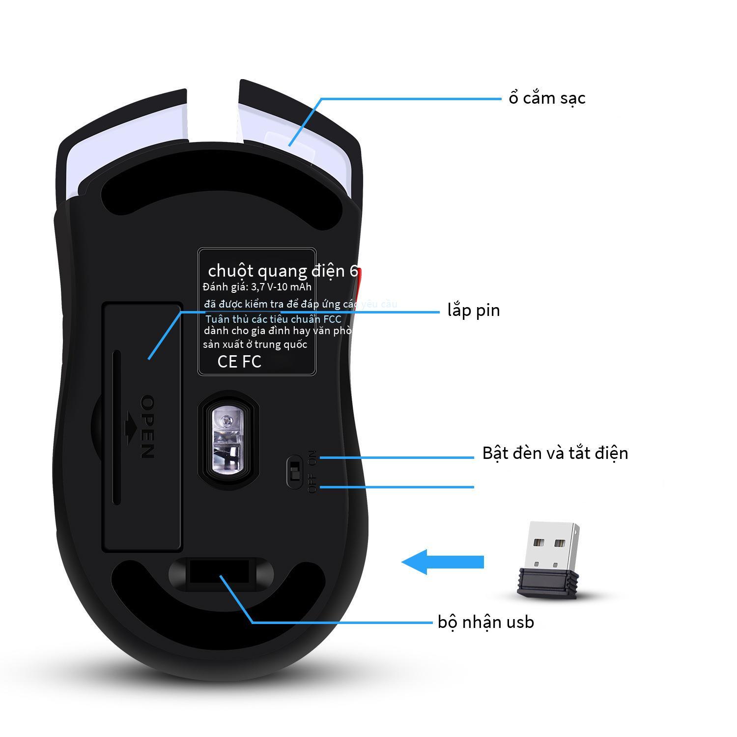 Đảm bảo chất lượng chuột sạc không dây USB chuột chơi game phát sáng đầy màu sắc tích hợp pin 600mAh còn hàng