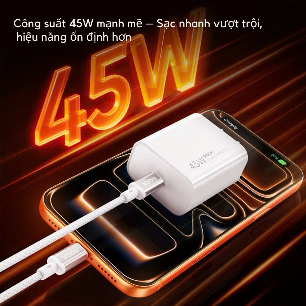 Bộ sạc nhanh cho điện thoại Rockspace T45 củ PD 45W và dây dù type C - Hàng chính hãng bảo hành 12 tháng