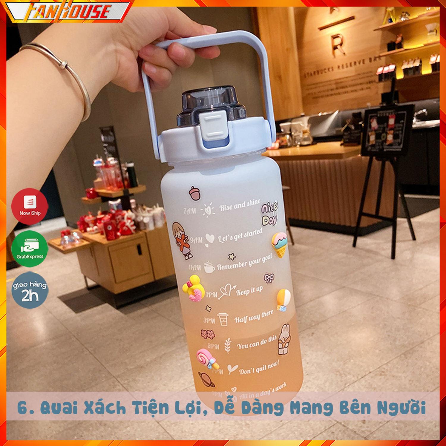 Bình đựng nước 2L dễ thương chia vạch báo giờ nhắc uống nước Fan House tặng Sticker bình nước 2lit có ống hút tiện lợi
