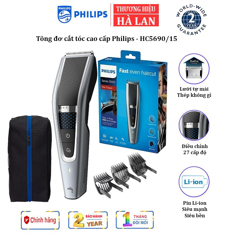 Tông đơ cắt tóc cao cấp Philips HC5690/15, trang bị 3 cỡ lược, con xoay điều chỉnh 27 cấp độ cắt tiện lợi (Tặng kèm túi đựng)- Hàng chính hãng