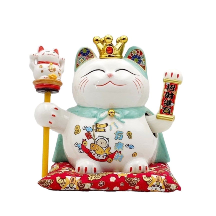 MÈO THẦN TÀI, MÈO MAY MẮN MANEKI NEKO ĐỘI VƯƠNG MIỆN VẪY TAY CAO 21.5CM