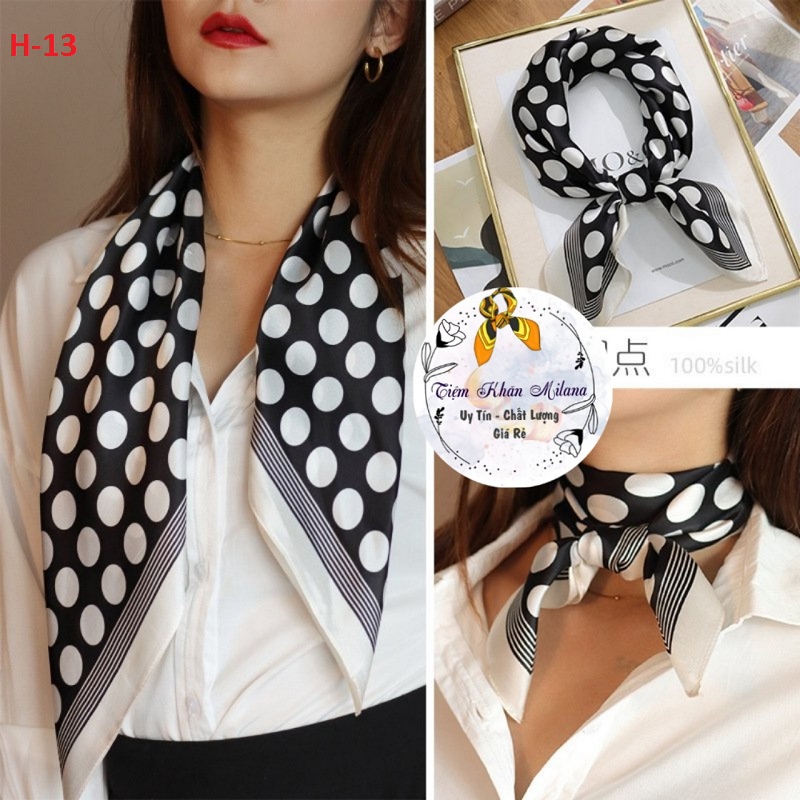 Khăn lụa chùm đầu họa tiết chấm bi size 70x70cm, Turban quàng cổ nhiều màu làm áo yếm đi biển Milana
