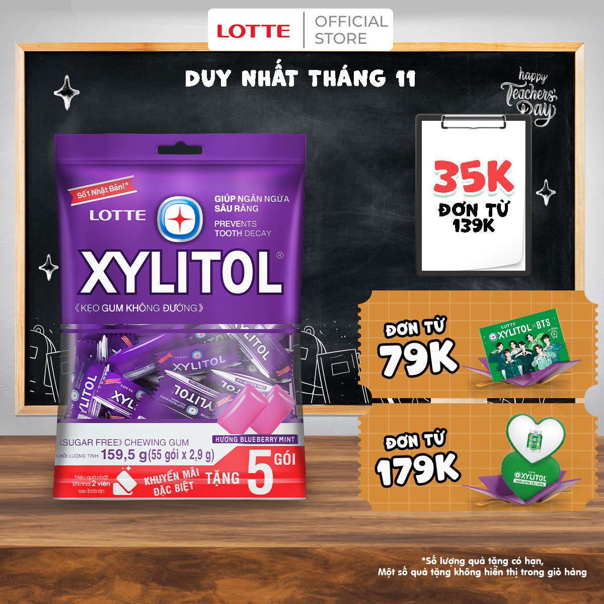 Kẹo Gum không đường Lotte Xylitol - Hương Blueberry Mint 159,5 g