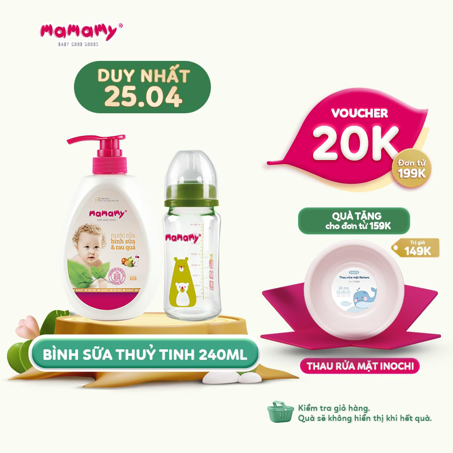 Combo Bình Sữa Thủy Tinh Cổ Rộng Chống Sặc Cho Bé Mamamy 240ml và Chai nước rửa bình sữa và rau quả Mamamy 600ml