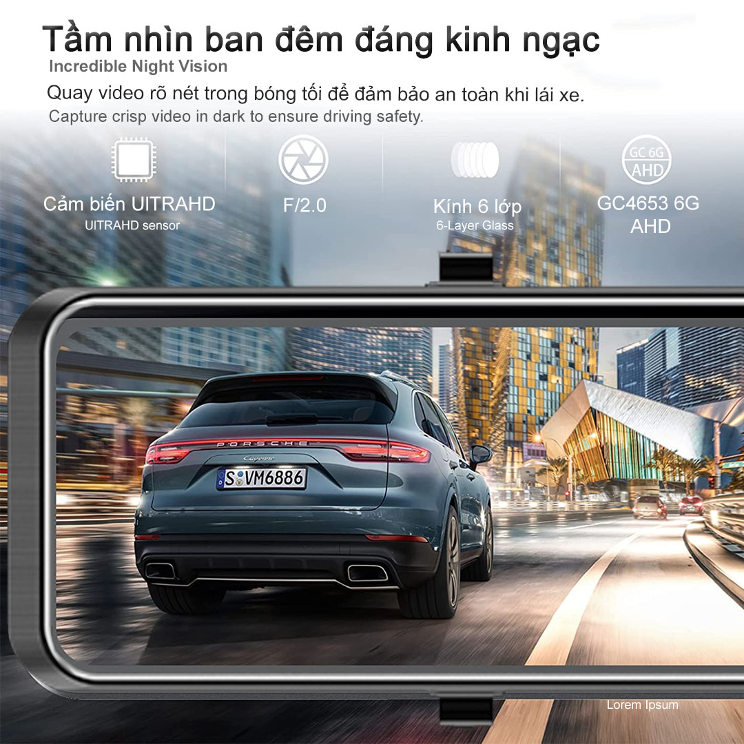 12 inch Màn hình cảm ứng IPS chiếu hậu ô tô máy ảnh ghi hình với thẻ nhớ MICRO SD 64G WIFI 2160P + 1080P