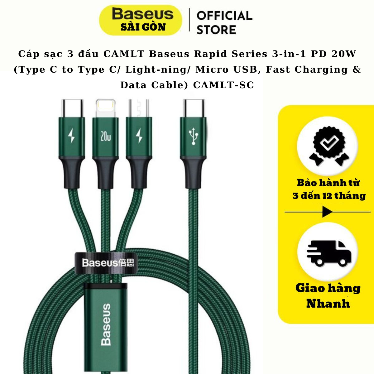 Cáp sạc Baseus Rapid Series Fast Charging &amp; Data Cable 3-in-1 PD 20W CAMLT-SC01 - Hàng chính hãng