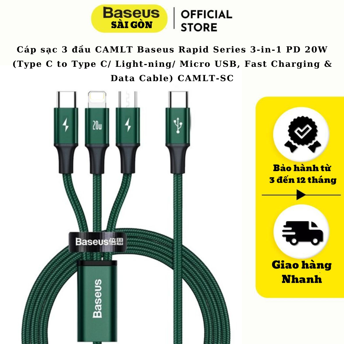 Cáp sạc 3 đầu CAMLT Baseus Rapid Series 3-in-1 PD 20W (Type C to Type C/ Light-ning/ Micro USB, Fast Charging & Data Cable) CAMLT-SC01- Hàng chính hãng