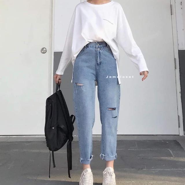 QUẦN BAGGY XANH NHẠT RÁCH CẮT CÁ TÍNH- ảnh thật trải sàn